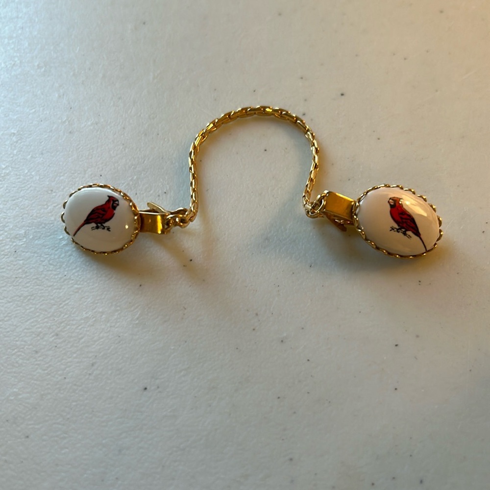Gold tone vintage sweater clips/guards  - red cardinal ceramic design